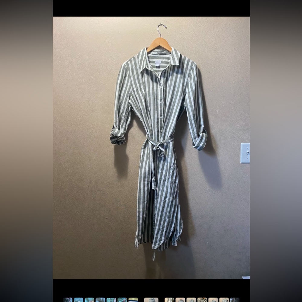 Striped Button-Up Dress. Roll tab sleeve